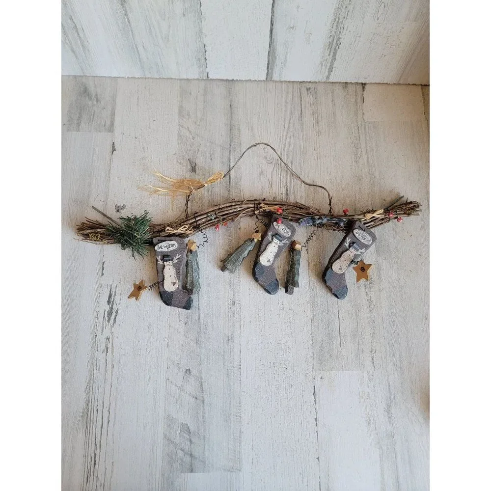 Rustic branch stocking wooden snowman sign Xmas‎ mistletoe
